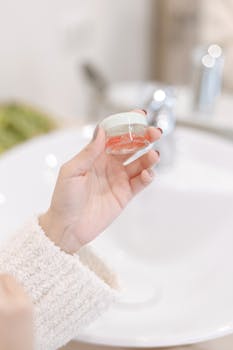 A person holding a small skincare container over a bathroom sink, suggesting beauty and self-care.