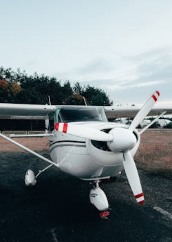 Single-engine Cessna on a grassy airfield in Lithuania, perfect for aviation themes.