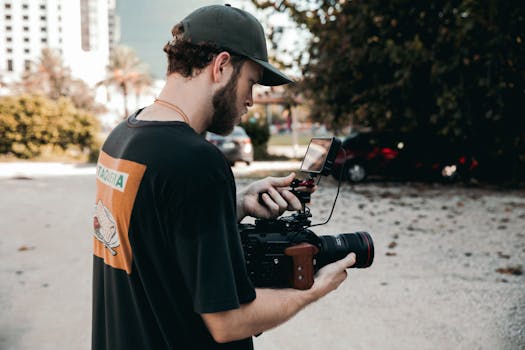A bearded man in a cap operates a professional video camera outdoors, capturing footage.