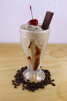 A creamy coffee milkshake topped with a cherry and chocolate bar surrounded by coffee beans.