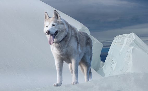 A beautiful Siberian Husky stands proudly on a snowy glacier, showcasing winter's beauty.