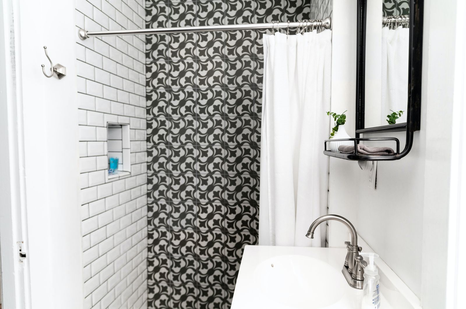 Decorative tiled wall in a contemporary bathroom