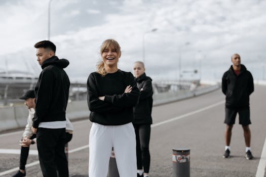 Happy group of young adults in sporty outfits posing on an urban road with a modern skyline.