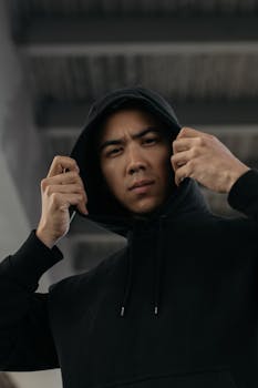 一名年轻的亚洲男子在室内穿着黑色连帽衫，摆出沉思的姿势