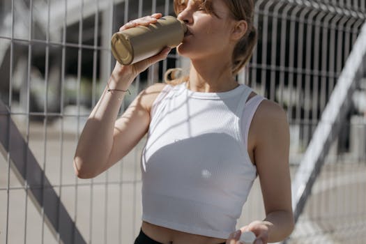 Woman in white tank top drinking from a tumbler outdoors on a sunny day.