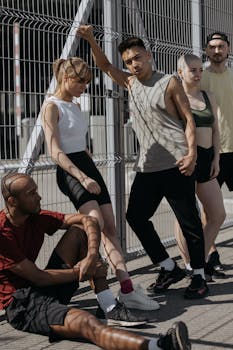 五名穿着运动服的年轻人在城市里靠着金属栅栏摆姿势