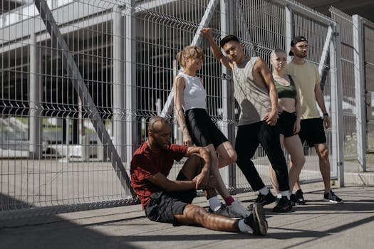 A group of stylish young adults pose in sportswear by a metal fence in an urban setting.