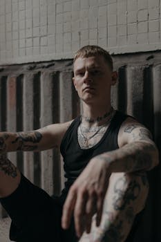 一名纹身男子身穿黑色背心，坐在室内的混凝土墙上