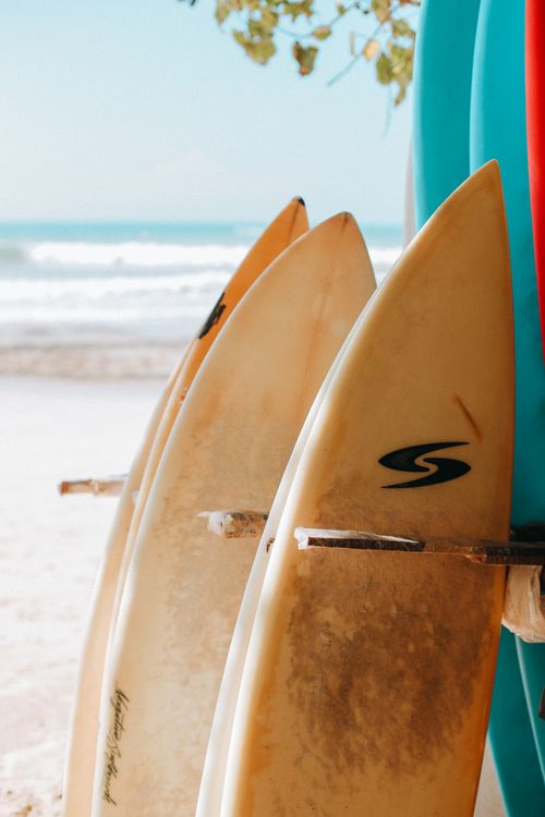 Free Close-up view of surfboards on a sandy beach with ocean waves in the background. Stock Photo