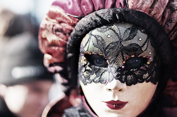 White, Black, And Maroon Floral Masquerade Mask