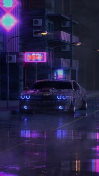夜晚，一辆色彩缤纷的汽车停在灯光明亮、下着雨的街道上