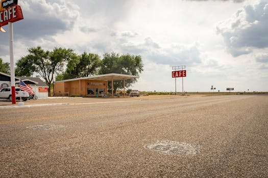 Iconic Midpoint Café on Route 66, featuring retro charm with a vast highway view.