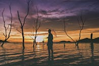 一个人撑着伞，站在日落时宁静的湖中，周围是枯树