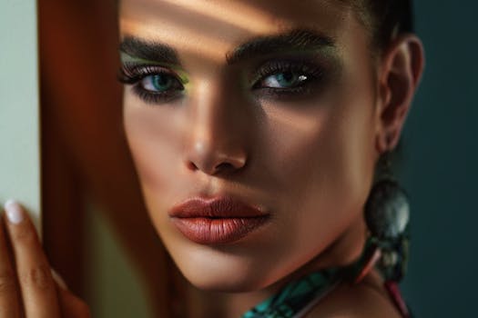 Captivating close-up portrait of a glamorous woman with bold makeup and stylish earrings.