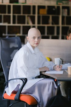 A bald woman in a white shirt writing at a desk in a contemporary office environment.
