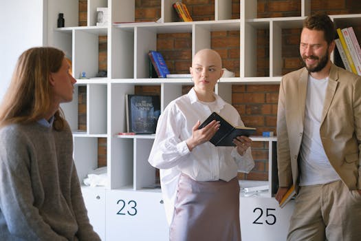 Three professionals collaborate in a modern office setting, promoting teamwork and communication.