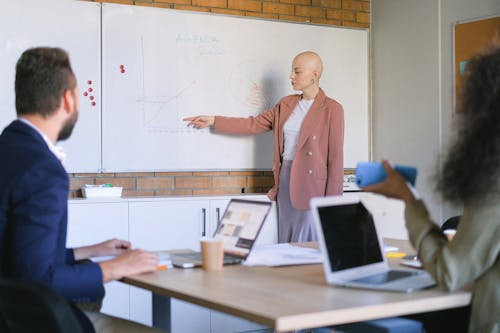 Female manager demonstrating graphs on whiteboard to anonymous coworkers at table with laptops in conference room during meeting