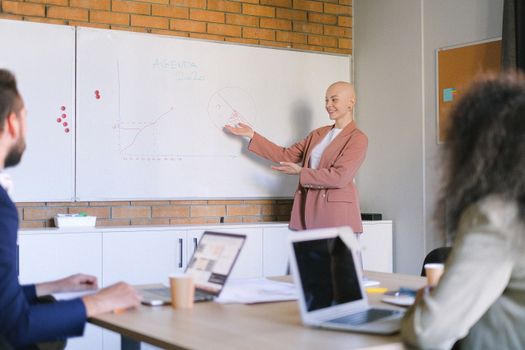 Smiling bald female demonstrating schemes of business plan to colleagues at table with laptops in boardroom