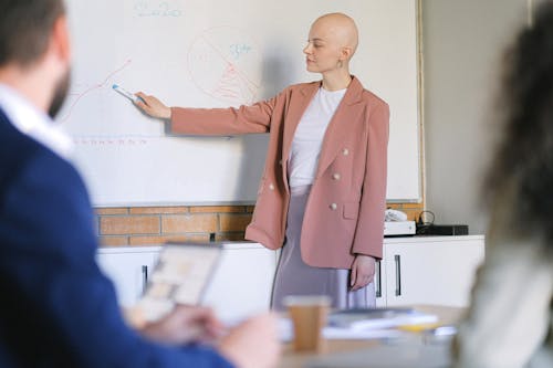 Bald female pointing at whiteboard with graphs and schemes in conference room with blurred colleagues during meeting