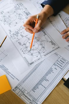 From above of crop anonymous male with pencil in hand examining information on paper at table