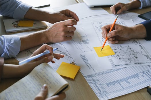 双手特写：在办公室里用便利贴和图画制定商业计划