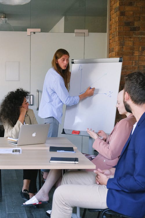 Free Pensive employee in formal clothes drawing graph on flipchart while explaining project to coworkers during seminar in workspace in daytime Stock Photo