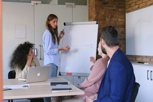 Colleagues discussing a business strategy during a meeting with a flip chart presentation.
