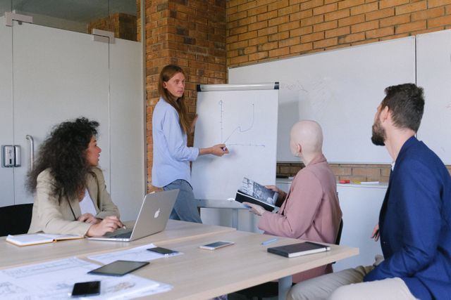 A workshop room with a brick wall and a flipchart