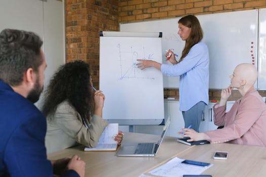 Group of businesspeople discussing and planning strategies together in a modern office setting.