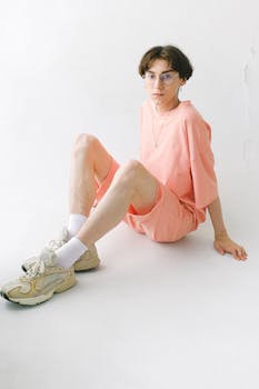 Full body of unemotional with piercing in modern casual suit leaning on hands in studio