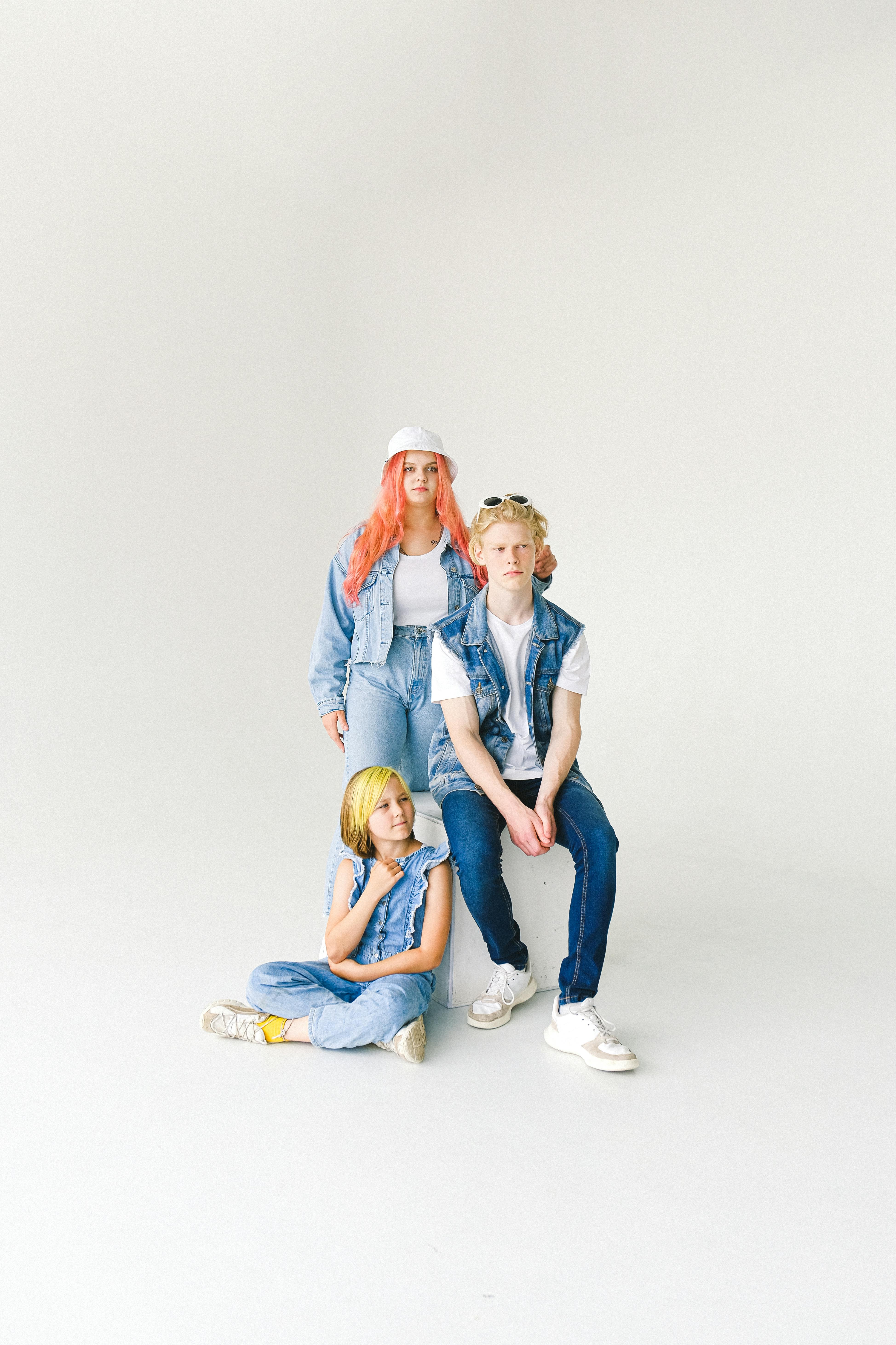 teens and child in casual denim clothes