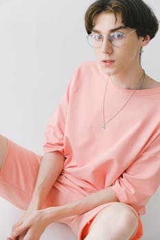 High angle of crop unemotional teenage male model wearing vivid casual clothes and accessories in studio
