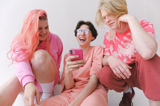 Three friends laughing and enjoying each other's company while looking at a smartphone indoors.
