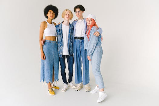 A diverse group of teenagers in stylish denim outfits posing against a white background, showcasing modern youth fashion.