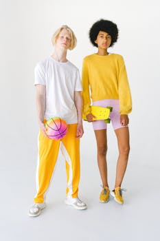 Full body informal multiethnic couple in bright colorful wear with multicolored ball for basketball and yellow penny board against white background looking at camera