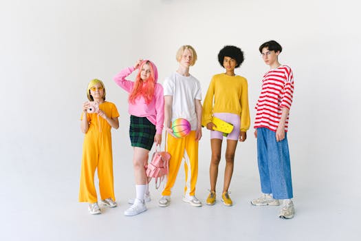 A vibrant group of teenagers in colorful outfits posing with various accessories in a studio setting.