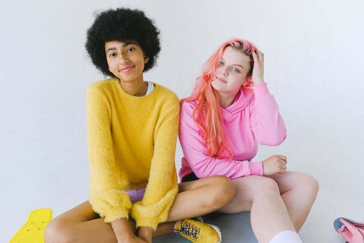 Delighted Happy Diverse Teenage Girls In Trendy Outfit