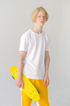 Slender teenager in bright casual outfit with colorful yellow skateboard on white background os studio