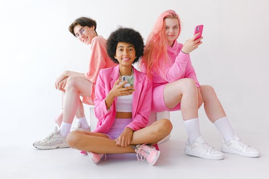 Group of teens in pink outfits using smartphones against a white background, exuding a modern and cheerful vibe.