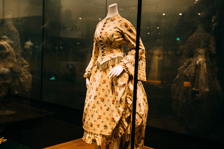 Historical Dress With Ornament In Transparent Showcase