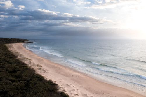 Free From above of faceless tourist on sandy shore with lush trees admiring ocean under cloudy sky in evening Stock Photo