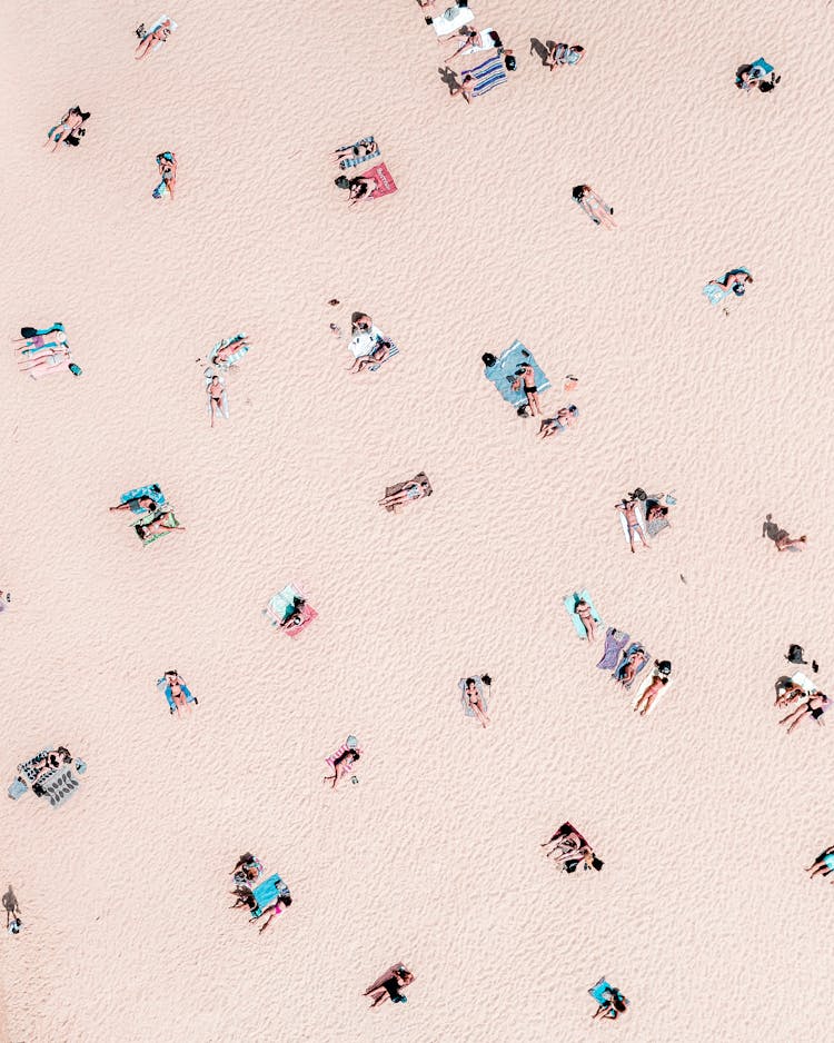 Aerial Shot Of People Sunbathing At The Beach