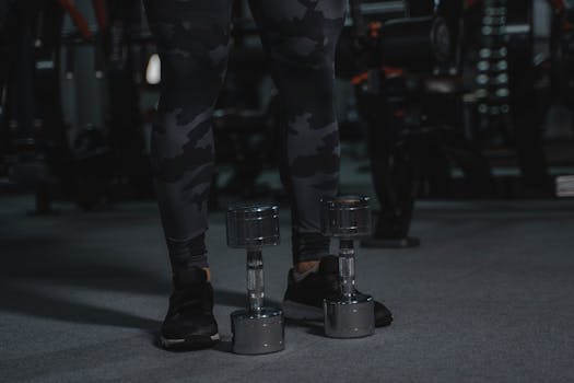 A fitness enthusiast stands with dumbbells, ready for a workout in a dimly-lit gym.