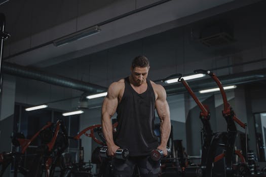 Strong man workout with dumbbells in a modern gym setting.