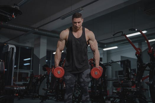 A strong man working out in a gym, lifting dumbbells with focus and intensity.