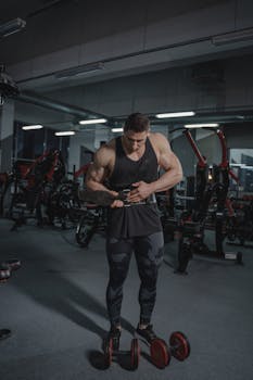 Muscular man in gym adjusting his weightlifting belt surrounded by equipment.