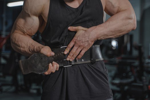 Close-up of a muscular man adjusting a weightlifting belt in a gym setting.
