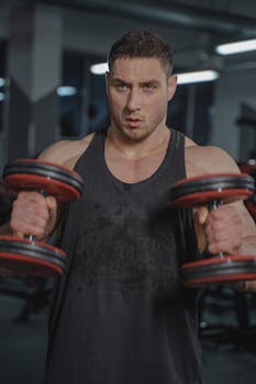 Strong man lifting dumbbells indoors, showcasing fitness and determination.