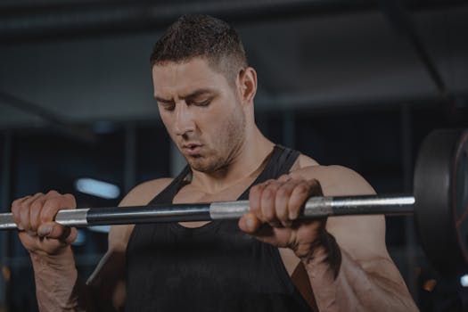 Muscular man lifting barbell during workout, showcasing strength and focus.