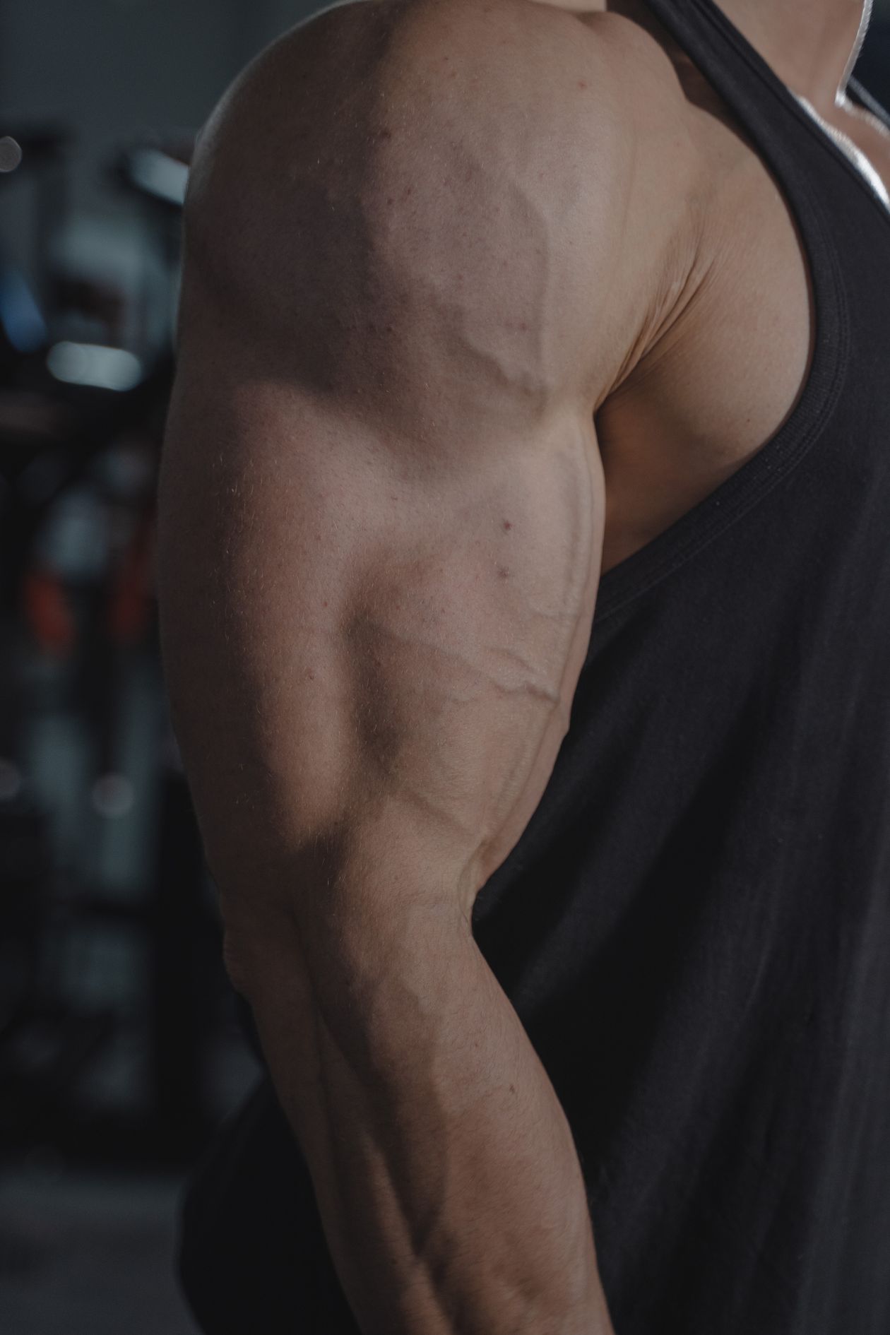 Close-up of muscular arm showing triceps definition